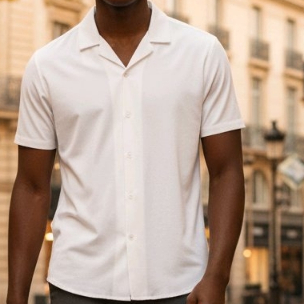 Runcati Men's Button Down Shirt, Short Sleeve White, Large Stretchy, Lightweight